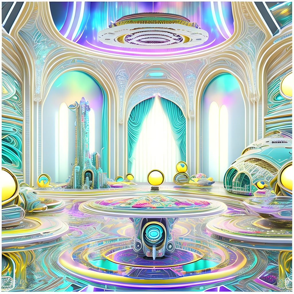 Opalescent hues and golden orbs in futuristic baroque-modern interior