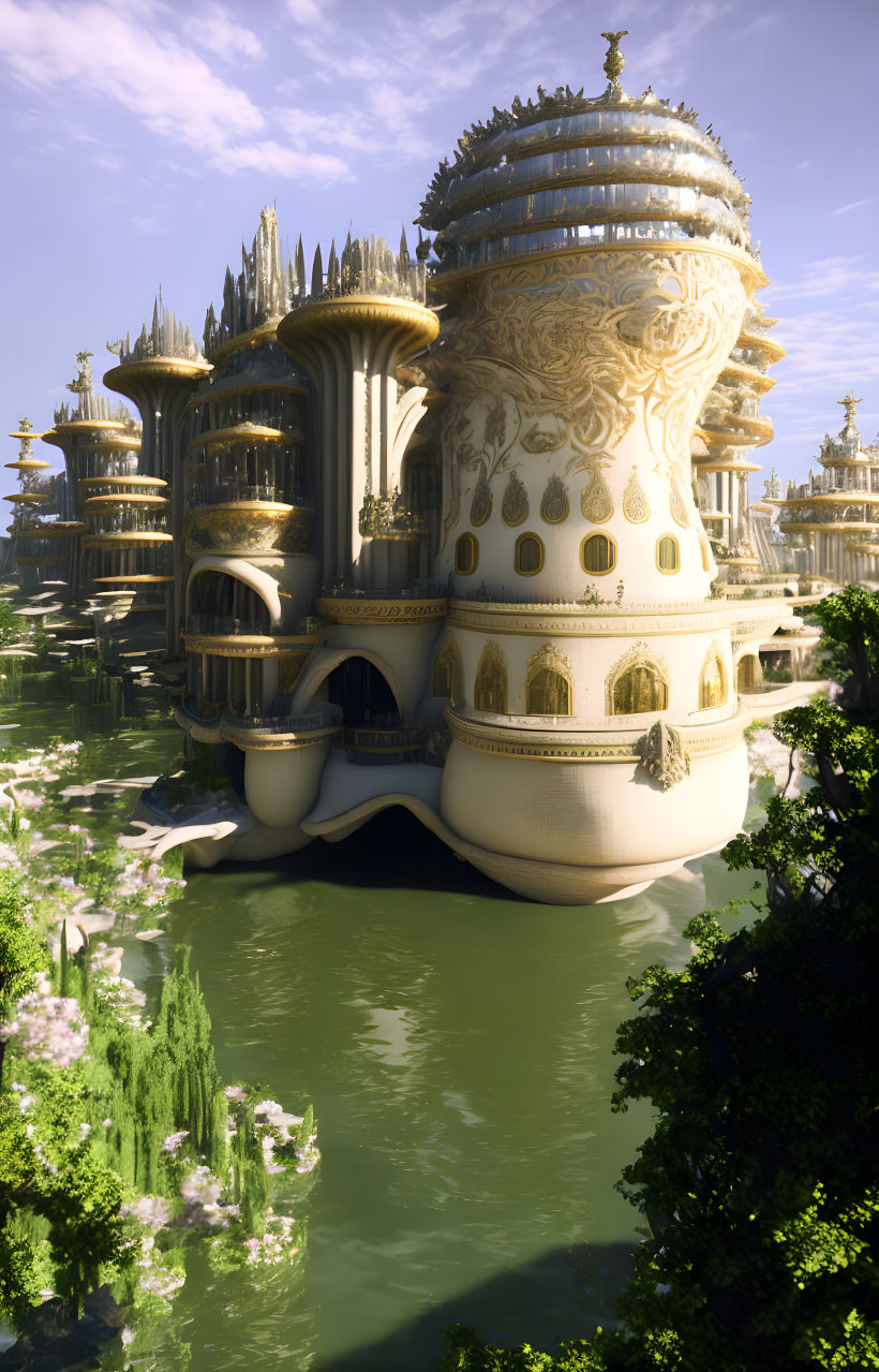 Luxurious fantasy palace with golden spires and green surroundings