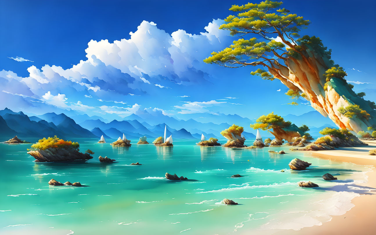 Serene beach digital art: turquoise waters, rocks, tree, mountains, blue sky