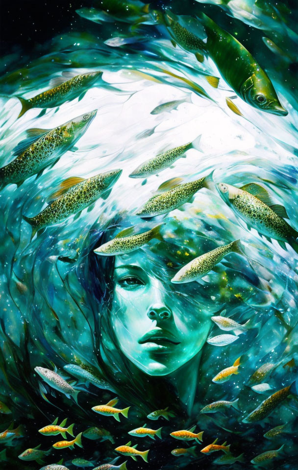 Surreal portrait of woman underwater with fish and light filtering.