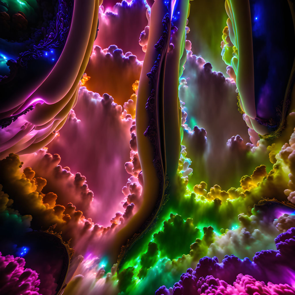 Colorful Swirling Clouds Fractal in Neon Hues