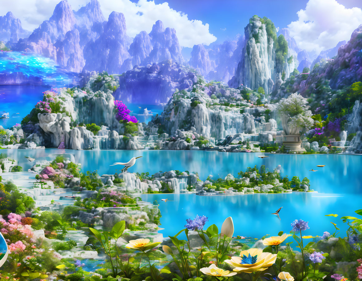 Majestic fantasy landscape with mountains, waterfalls, lakes, flora, and bird