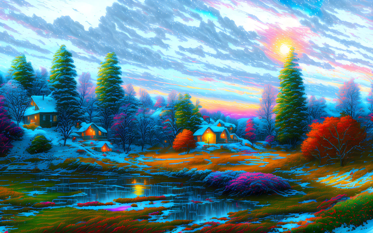 Scenic digital artwork: illuminated cottages, pine trees, pond, sunset sky