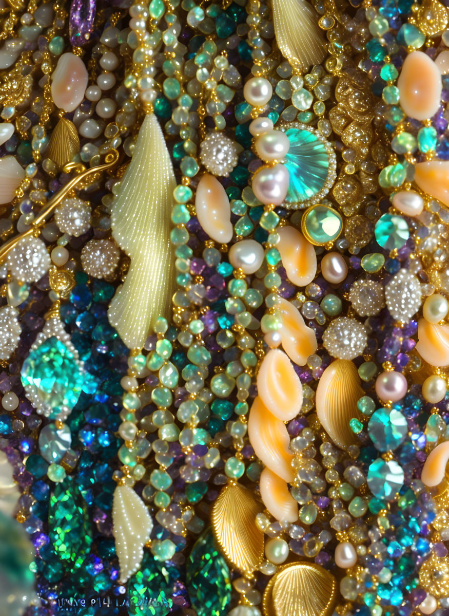 Colorful Jewelry with Pearls, Gold, and Beads Close-Up