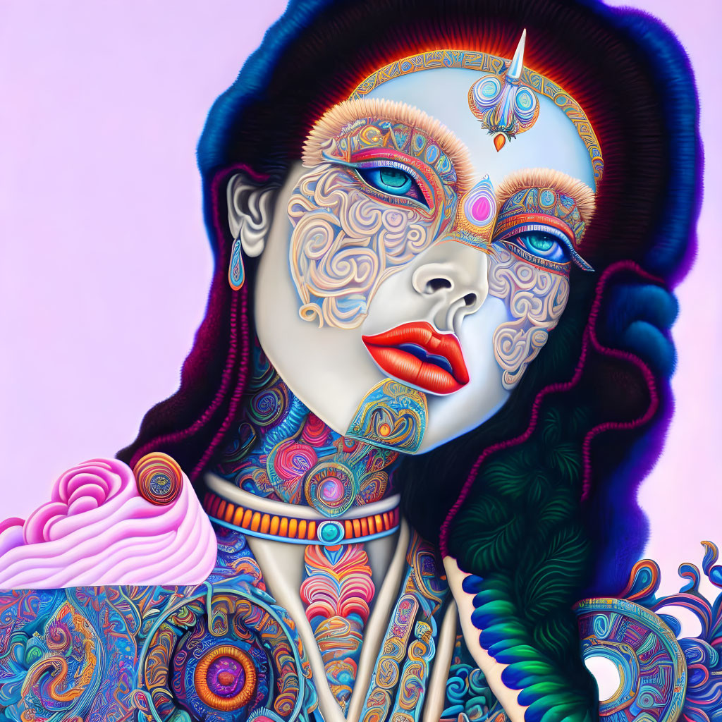 Colorful digital artwork: Stylized woman with vibrant patterns on pink backdrop