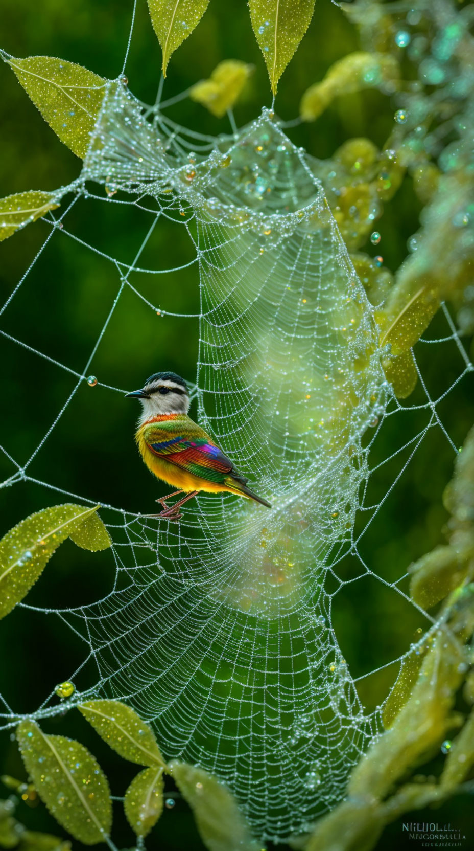 Vibrant bird on dewy spider web in lush foliage