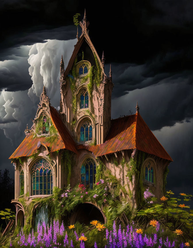 Gothic architecture cottage surrounded by greenery under stormy sky