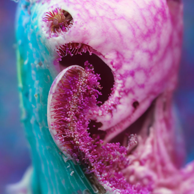 Colorful Sea Creature Close-Up with Pink and White Pattern on Vibrant Blue Background