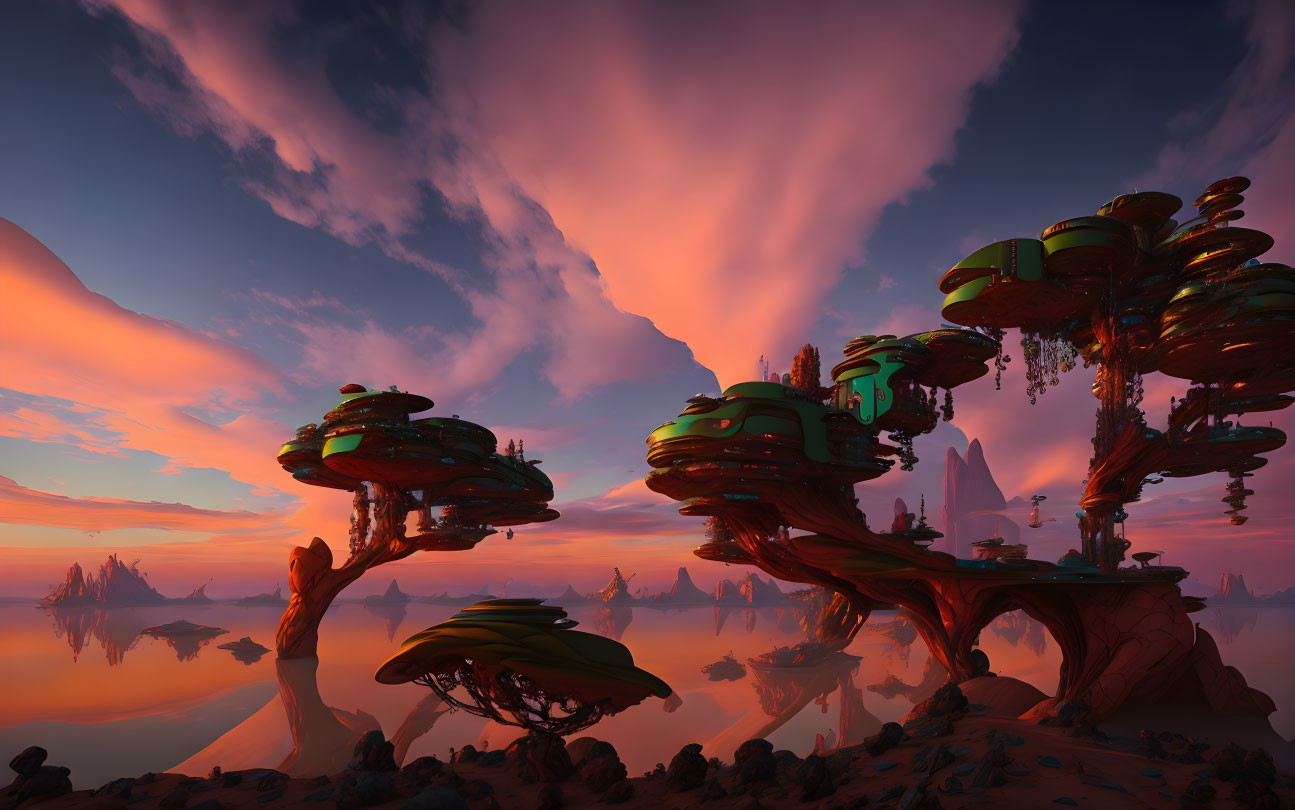 Fantastical landscape with mushroom-like trees under vibrant sunset sky