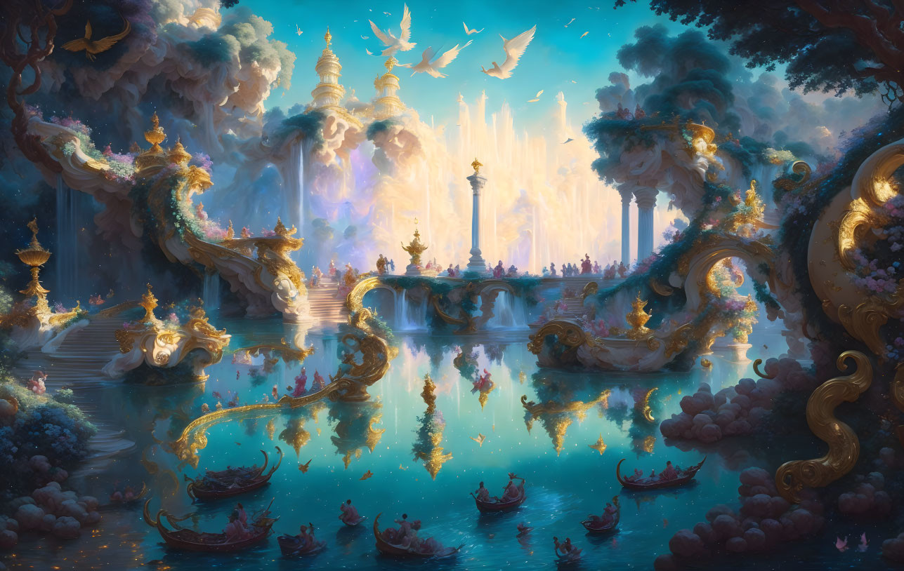 Fantastical Landscape with Golden Bridges, Serene Lake, Mythical Creatures, and Glowing Structures