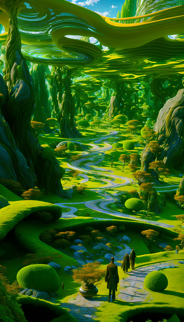 green new spiraling path, ancient alien landscape