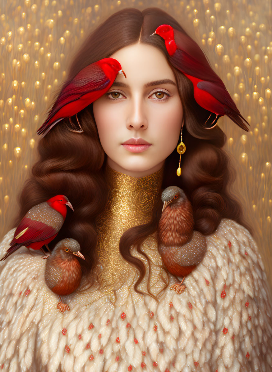 Woman with Long Brown Hair and Red Birds, Ear Cuff, Cream Top on Golden Bokeh