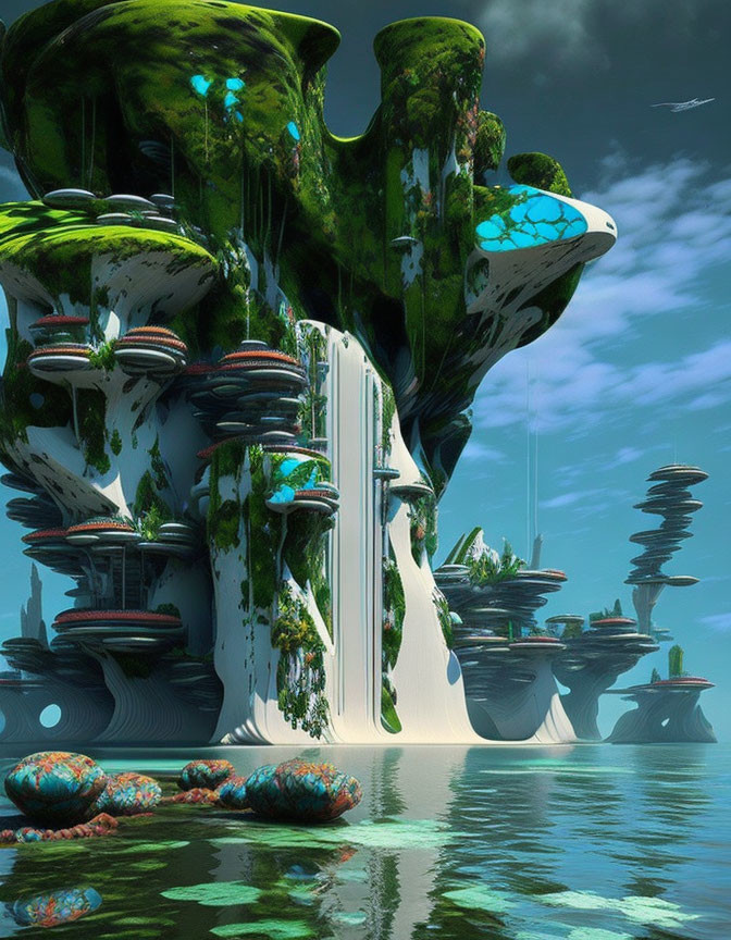 Organic-shaped buildings in a futuristic aquatic city