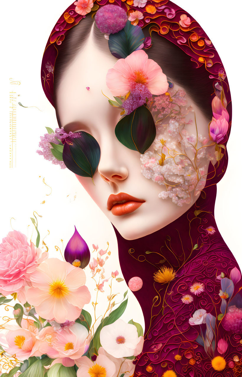 Digital artwork featuring woman with floral elements on white background