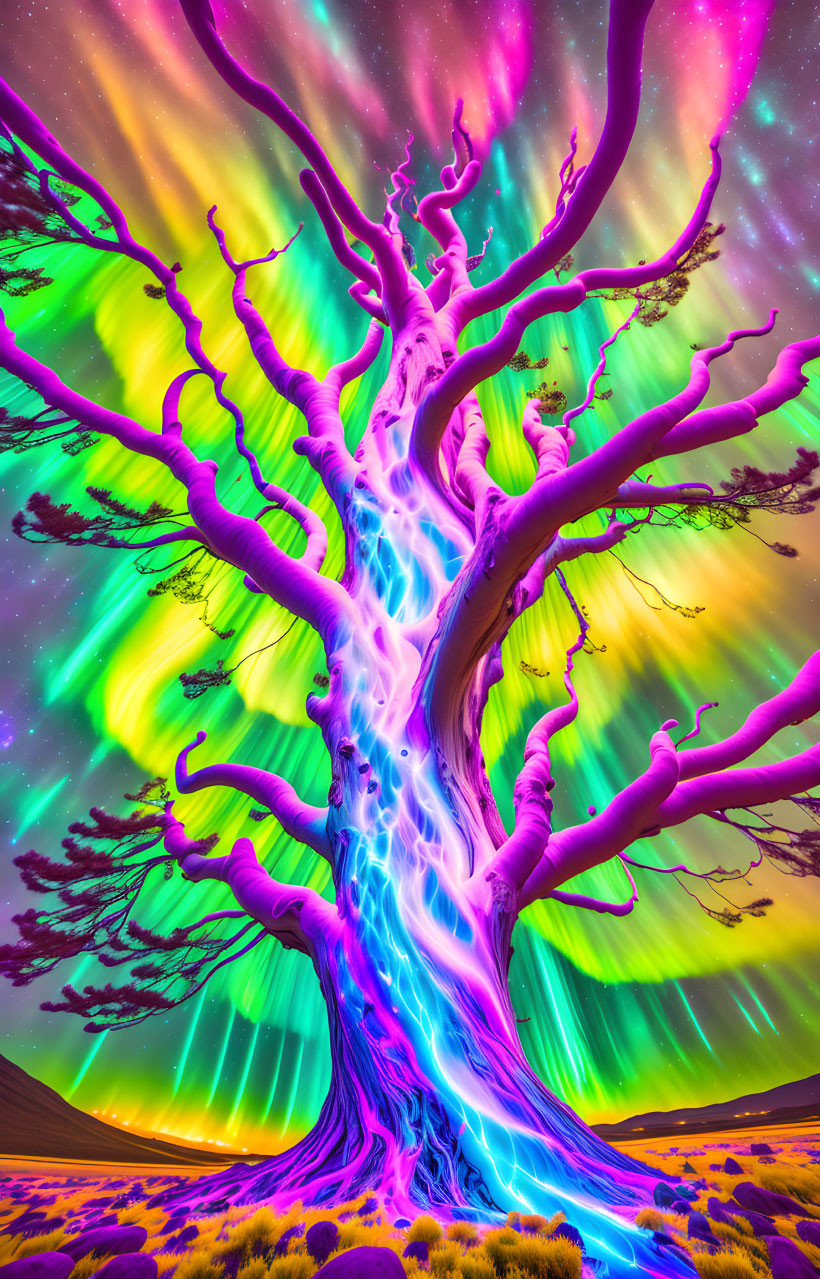 Fantastical tree with vibrant purple and blue hues under swirling green and yellow sky