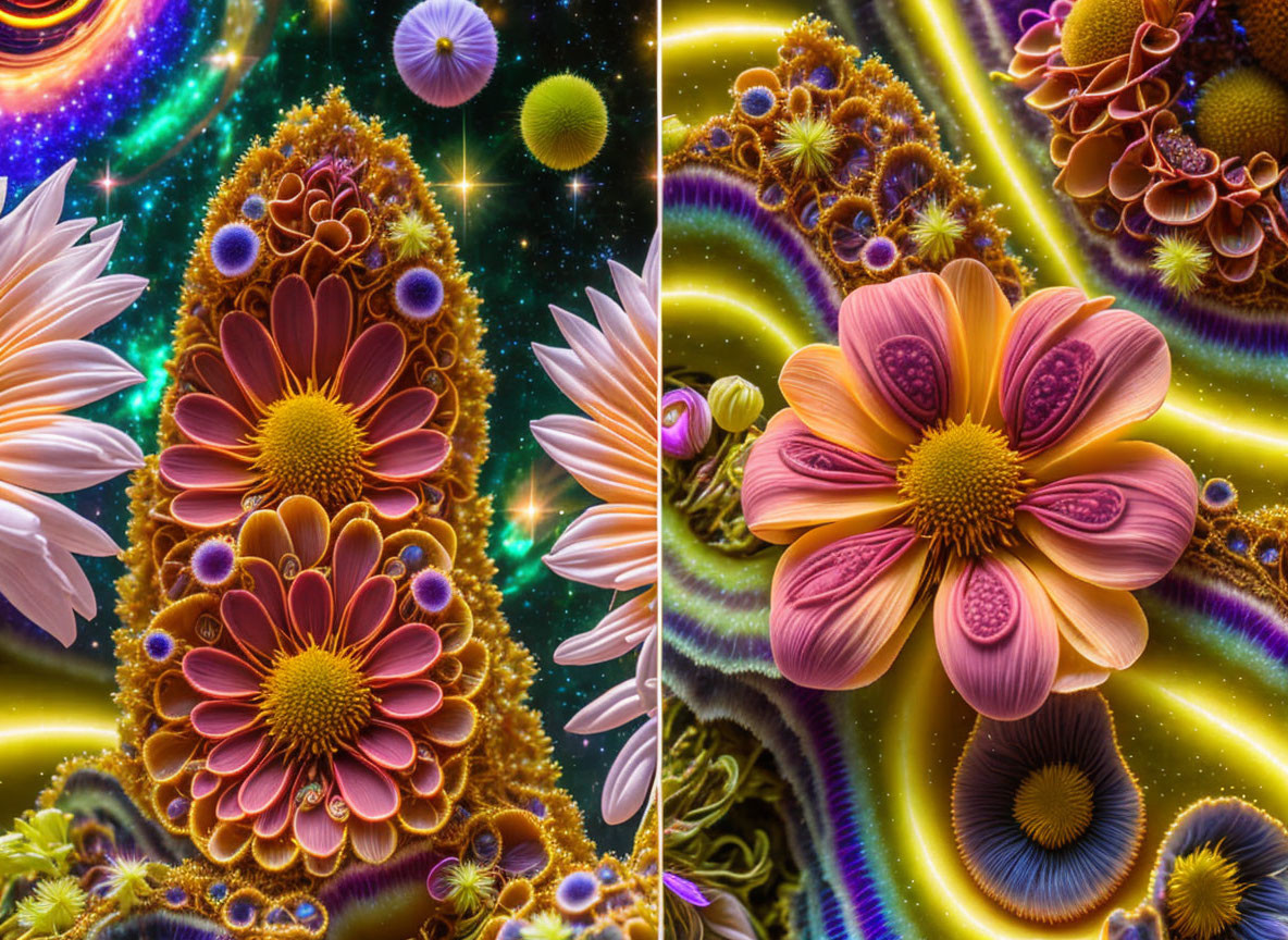 Colorful Fractal Art: Intricate Flower-Like Patterns on Cosmic Background