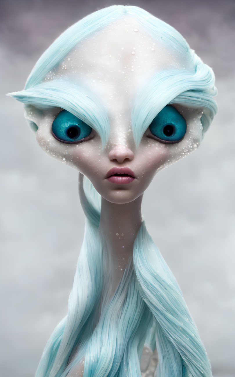 Surreal figure with large blue eyes and flowing light blue hair