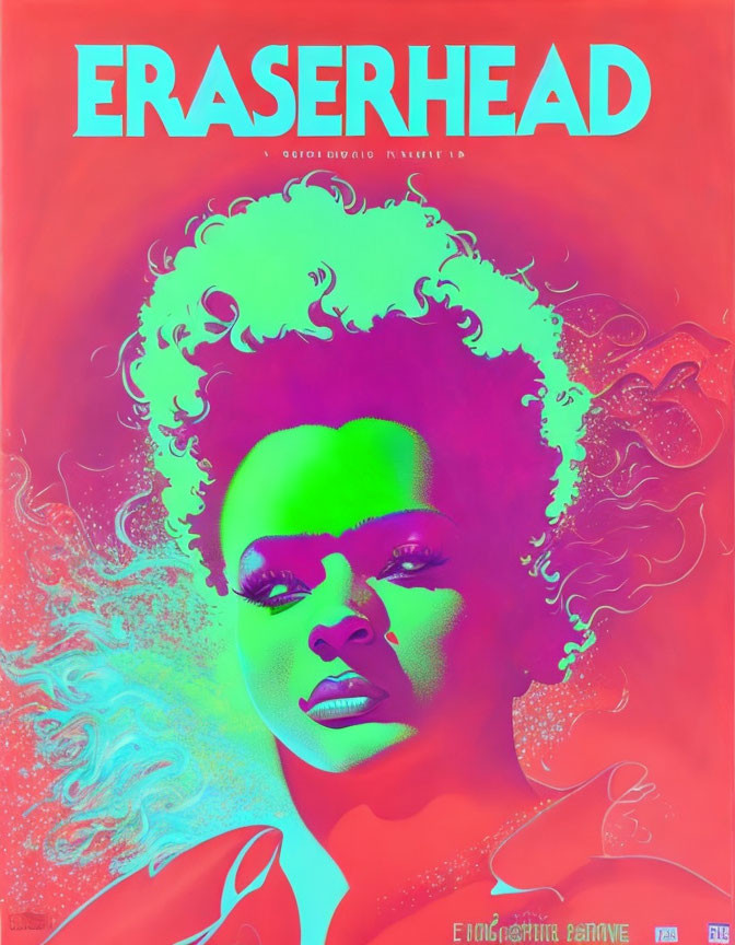 Colorful poster showcasing stylized woman portrait on pink background with bold "ERASERHEAD" title