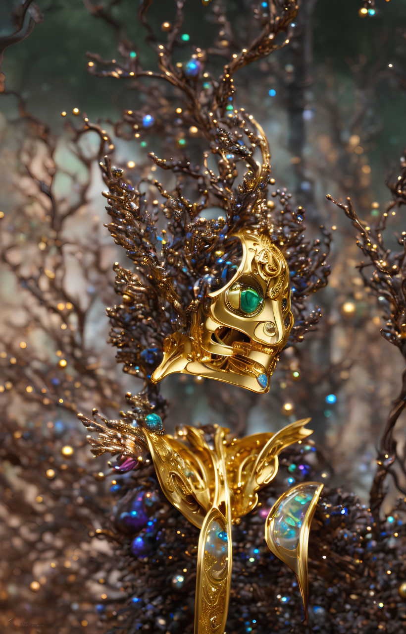 Intricate golden mask with emerald eyes in enchanted forest setting