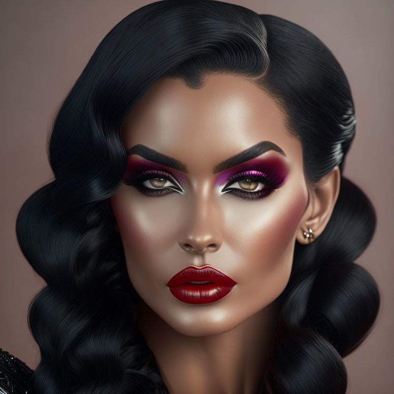 Digital portrait of woman with dramatic makeup, wavy hair, and piercing eyes on pale background