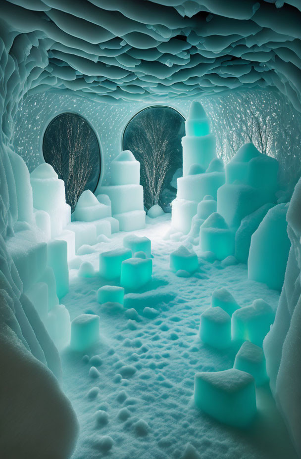 Ethereal Ice Cave with Turquoise Glow and Translucent Ice Blocks