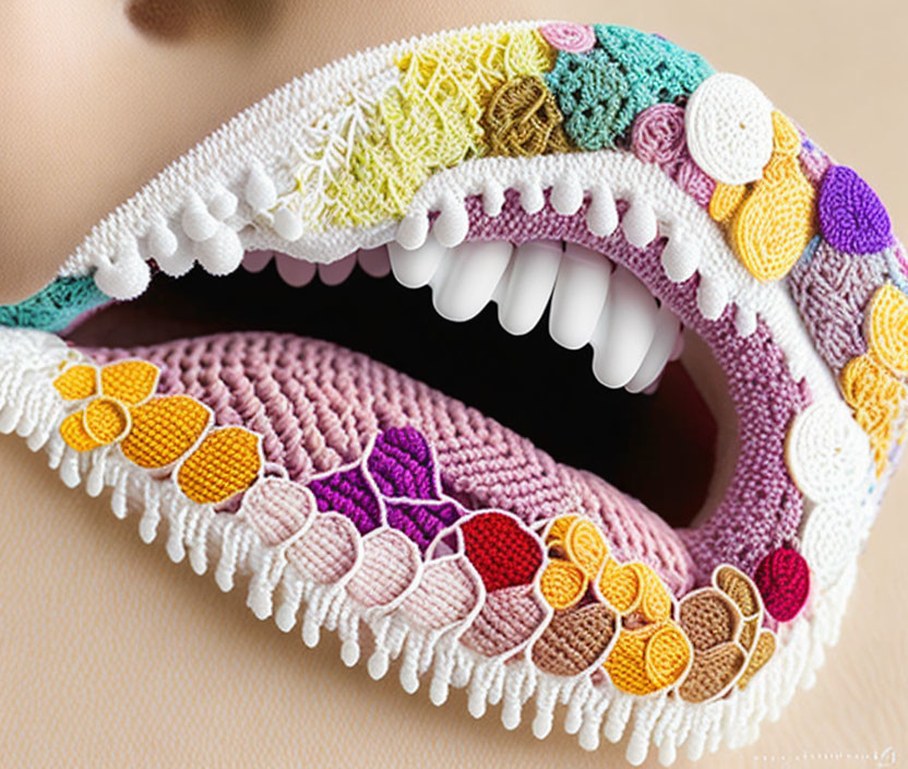 Colorful Crocheted Jaw & Teeth Artwork with Detailed Patterns