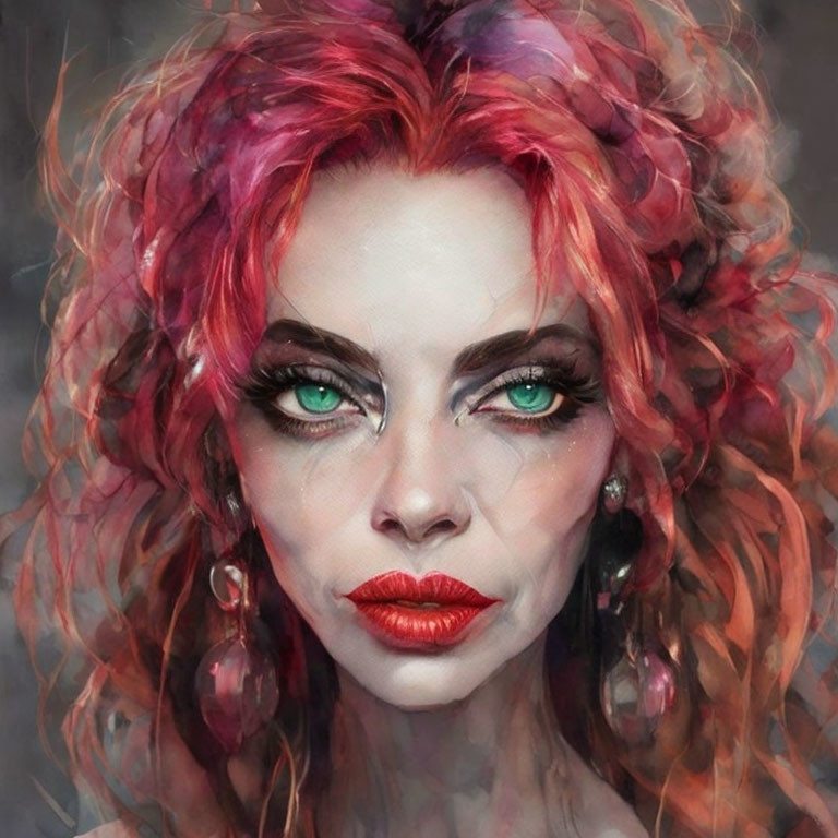 Vibrant portrait of woman with red and pink curly hair and green eyes