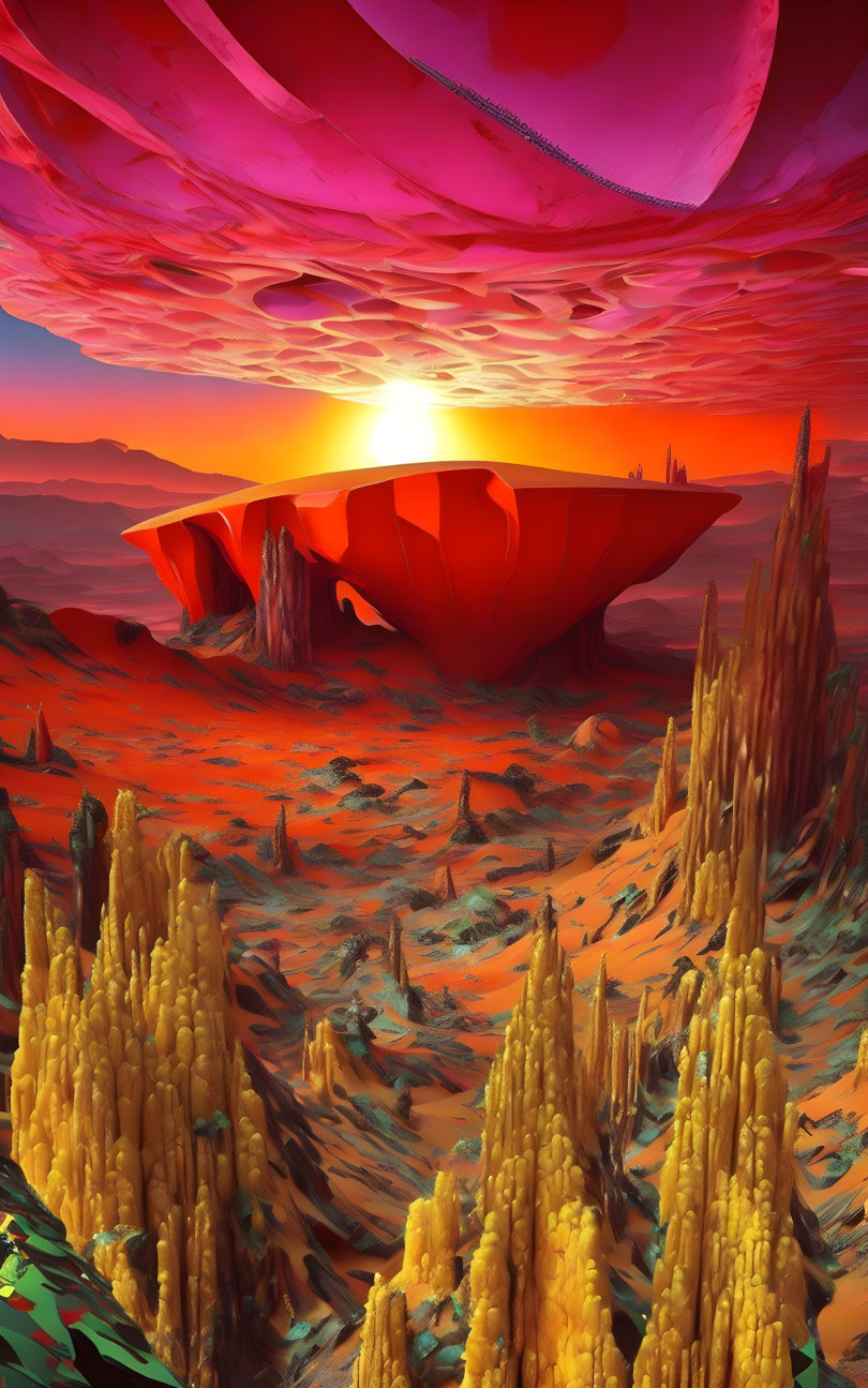 Surreal landscape with towering yellow formations and giant red structure