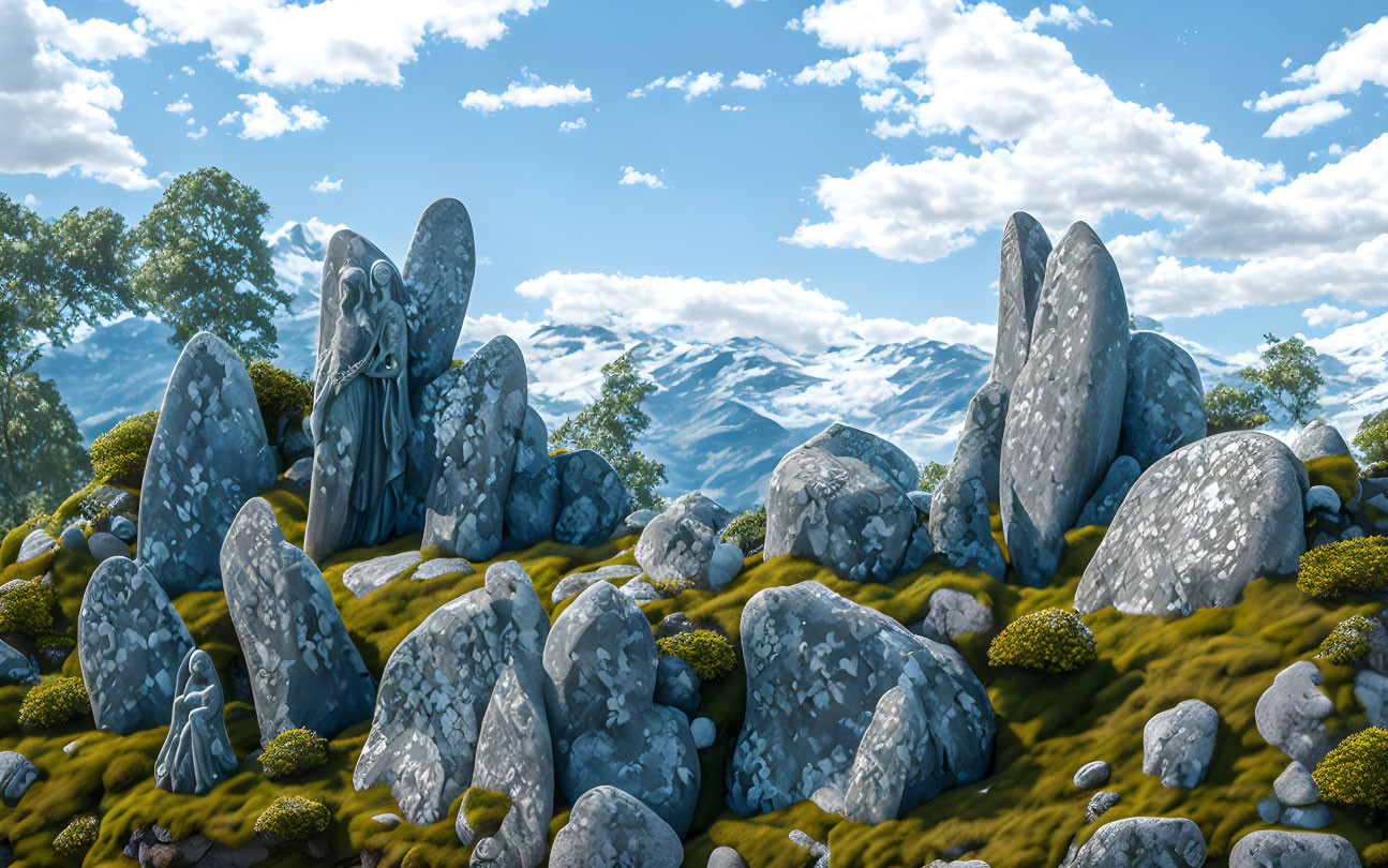 Tranquil landscape with angel statue, stones, and mountains