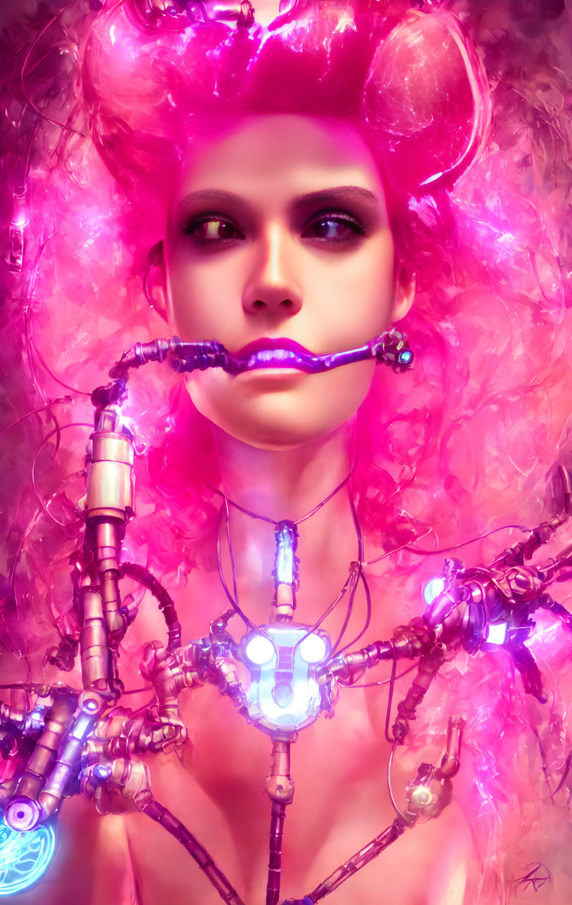 Vibrant pink hair woman with cybernetic enhancements in futuristic setting