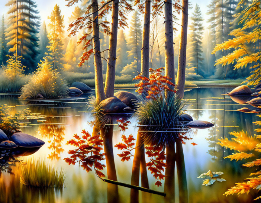 Serene fall landscape with reflective lake, colorful trees, and rocks