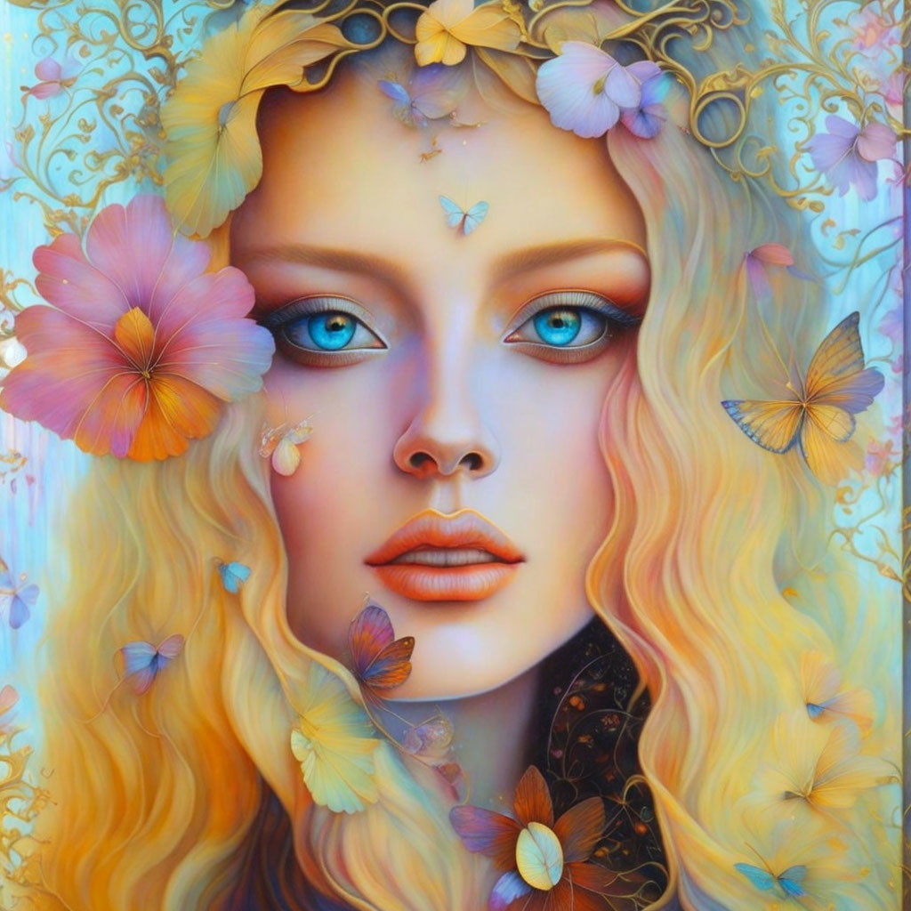 Colorful Flower and Butterfly Adorned Woman Portrait with Blue Eyes