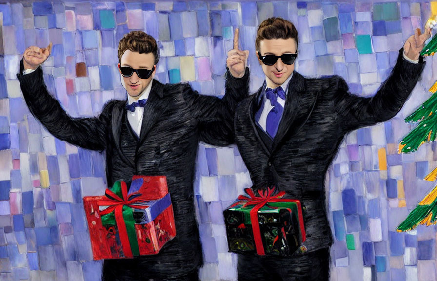 Animated figures in black suits holding red gift boxes on mosaic background