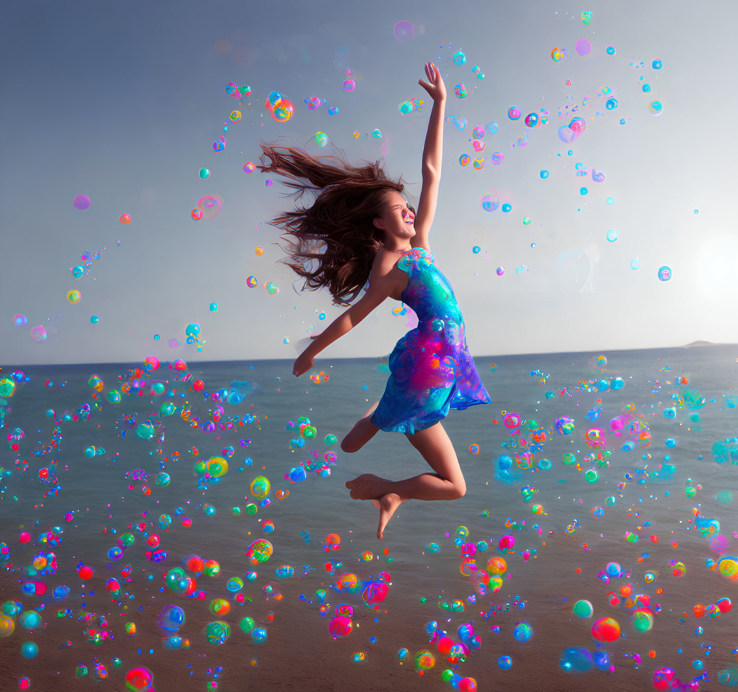 Colorful Dress Girl Jumping in Bubbles by the Sea