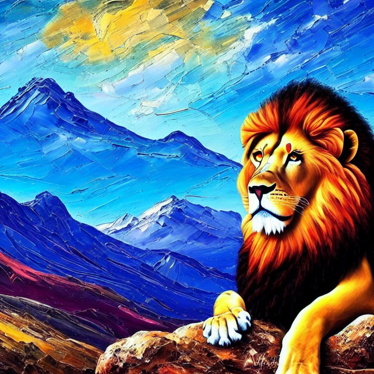 Colorful painting of lion resting on rock with blue mountains and textured sky