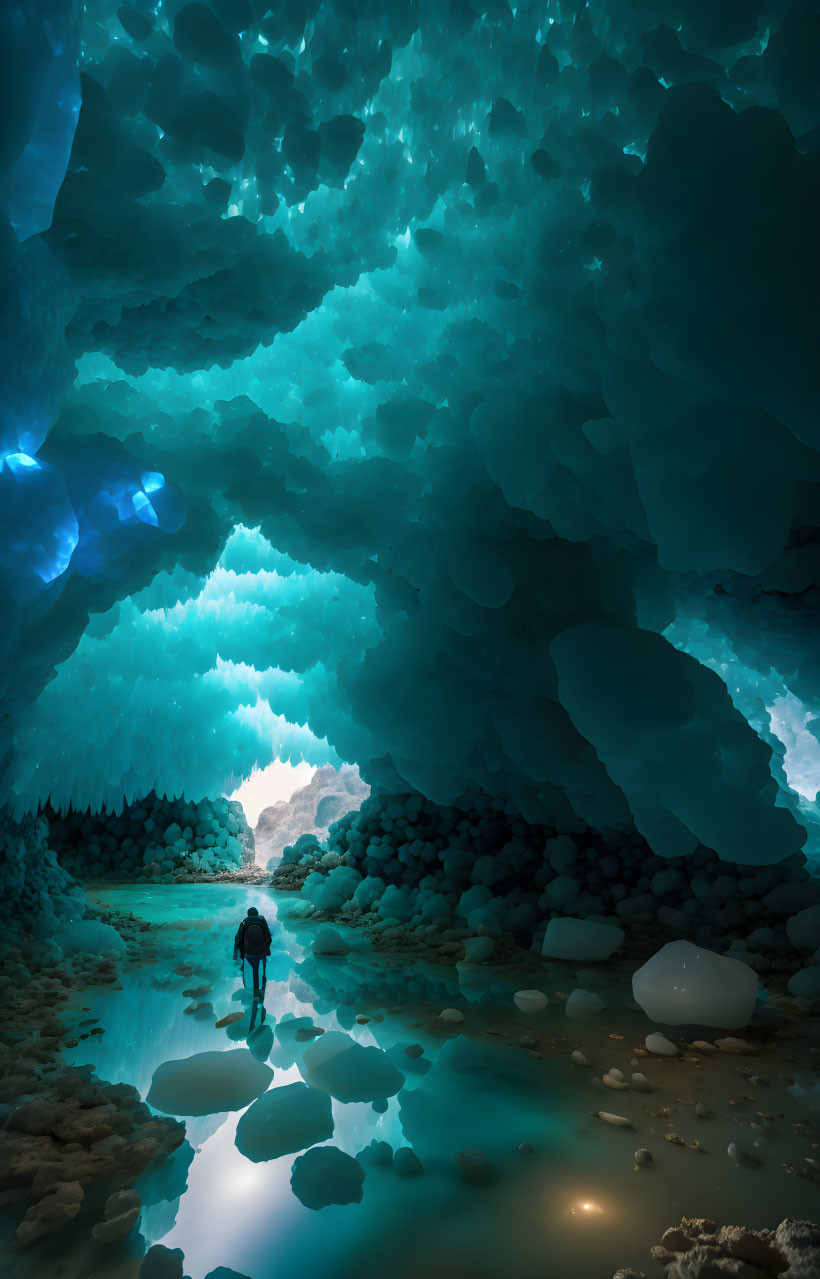 Stunning Blue Ice Cave with Reflective Water Surface