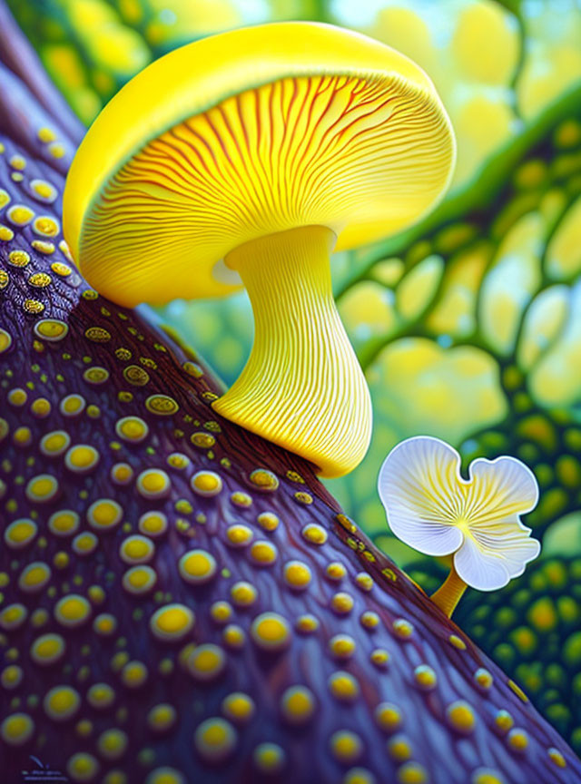 Detailed illustration of mushrooms with intricate gills on textured surface, surrounded by green and yellow foliage