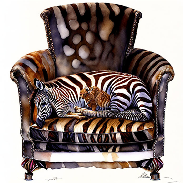 Zebra-Patterned Armchair with Resting Zebra and Alert Cat