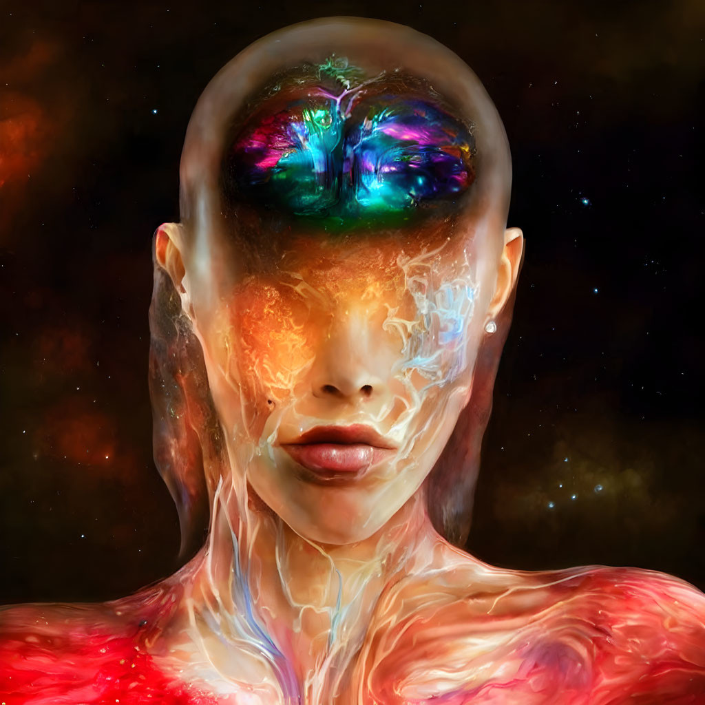 Surreal humanoid figure with galaxy inside head against cosmic backdrop