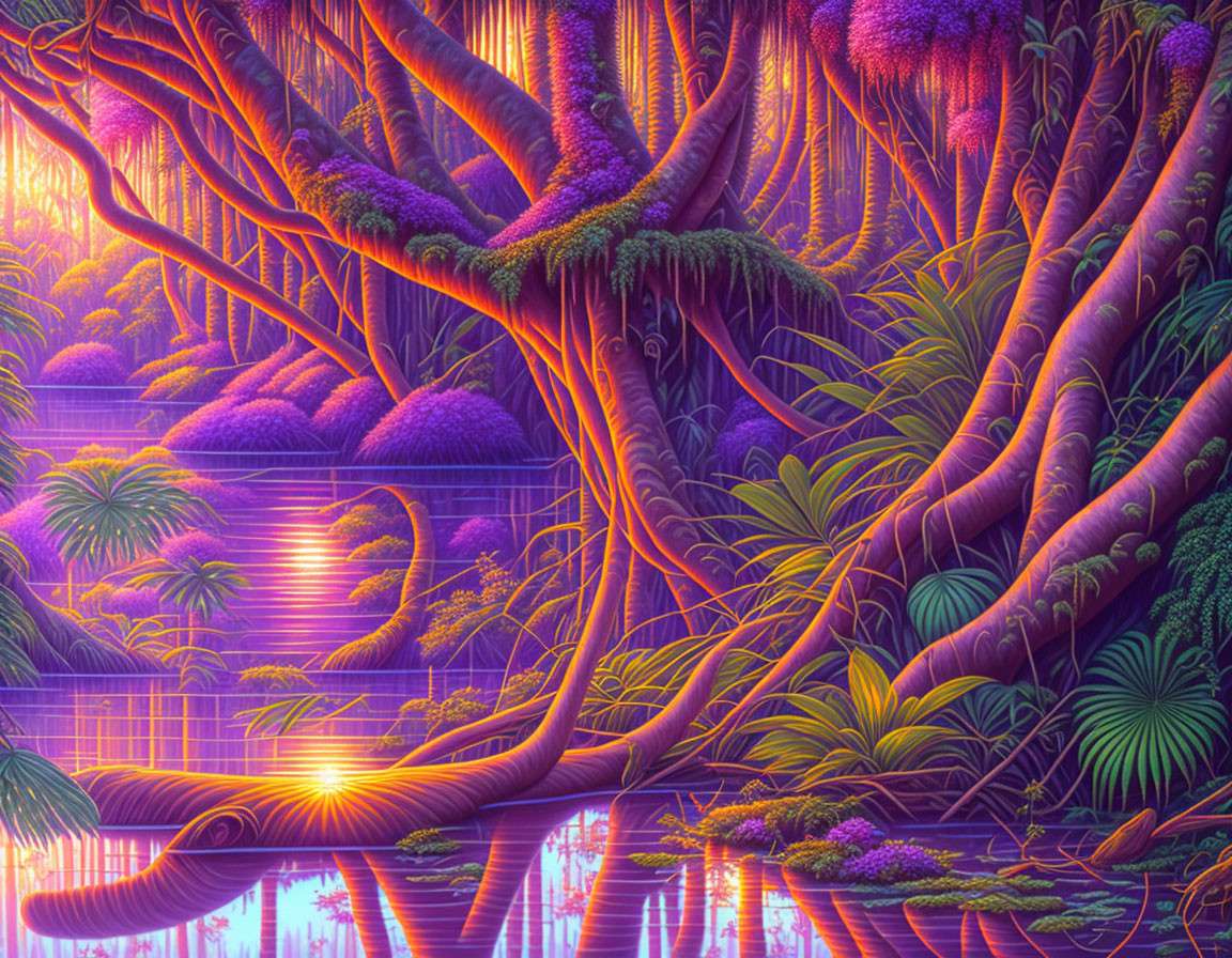 Fantastical landscape with purple hues, twisted trees, reflective water, and radiant sunset.