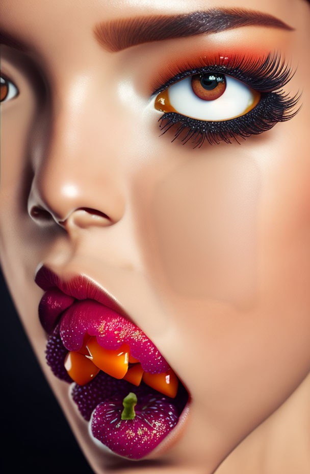 Detailed close-up: woman's face with orange eye makeup, dramatic eyelashes, glossy purple berry lips