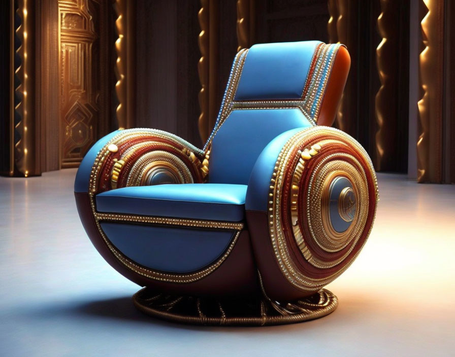 Luxurious Blue Armchair with Golden Patterns in Elegant Room