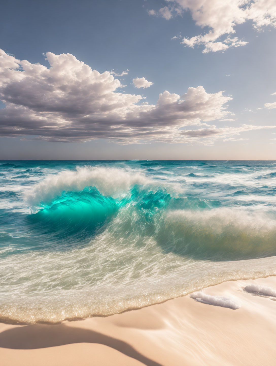 Turquoise Wave Cresting on Sandy Shore under Serene Sky