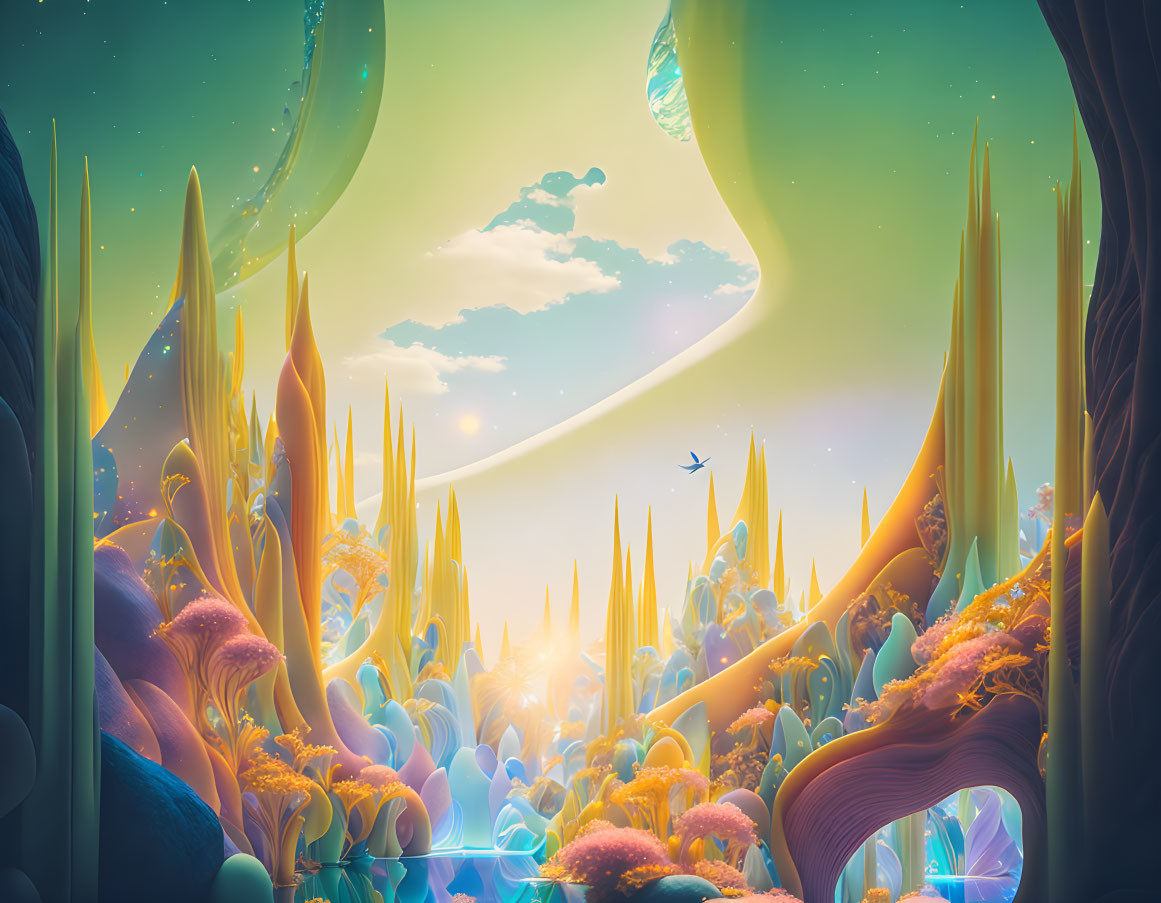 Surreal landscape with glowing rivers and flying figure