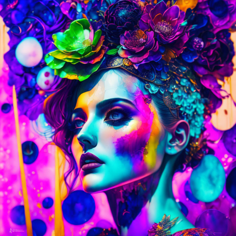 Colorful makeup portrait of a woman with floral headdress on psychedelic background