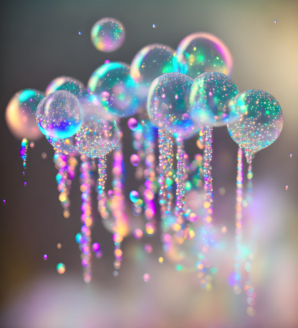 Colorful iridescent bubbles and sparkling droplets on blurred multicolored backdrop