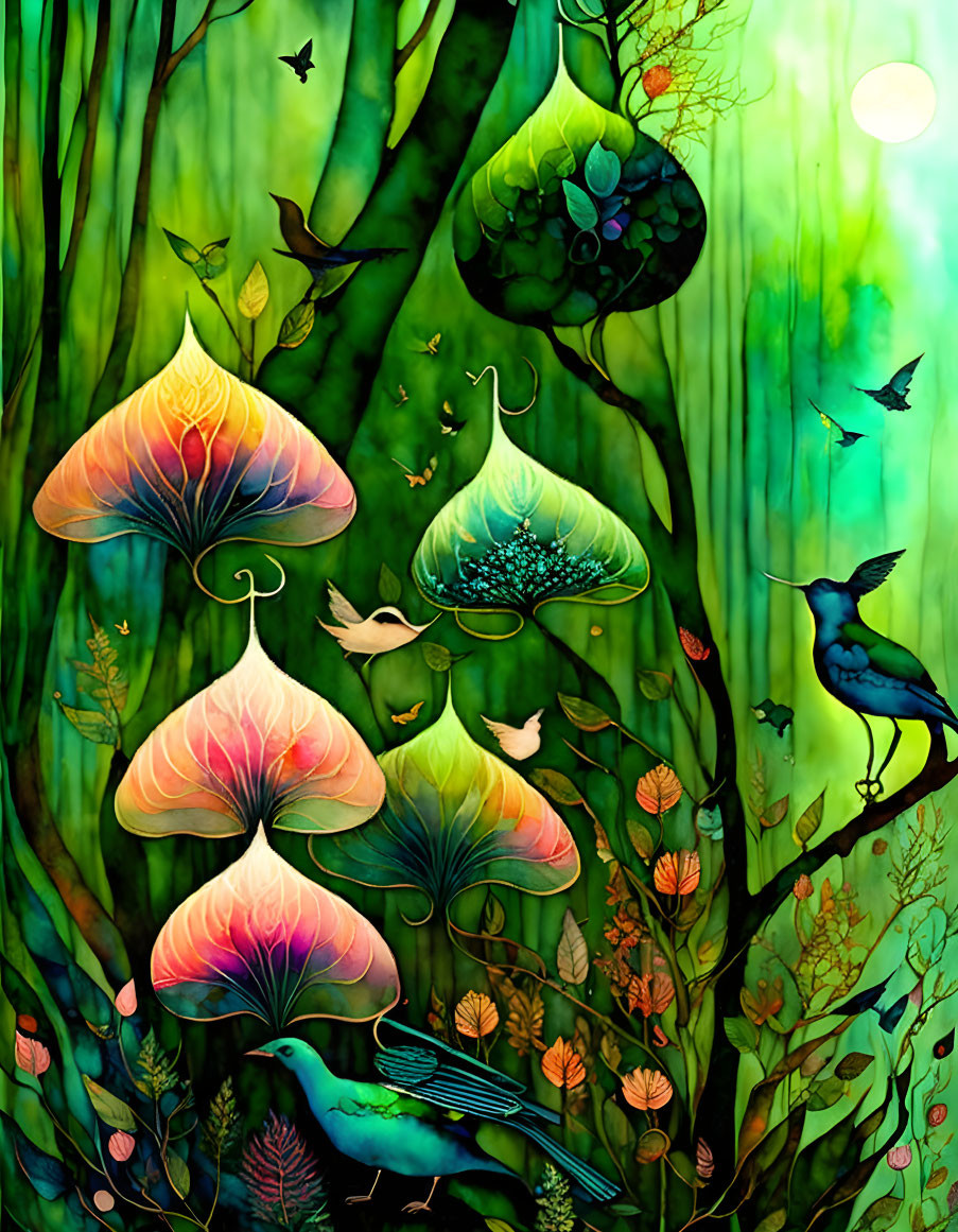 Luminescent Trees and Colorful Mushrooms in Vibrant Forest