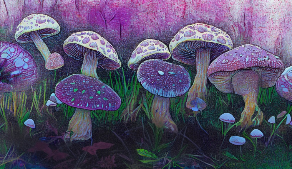 Colorful stylized mushroom group in grass with purple and pink mist.