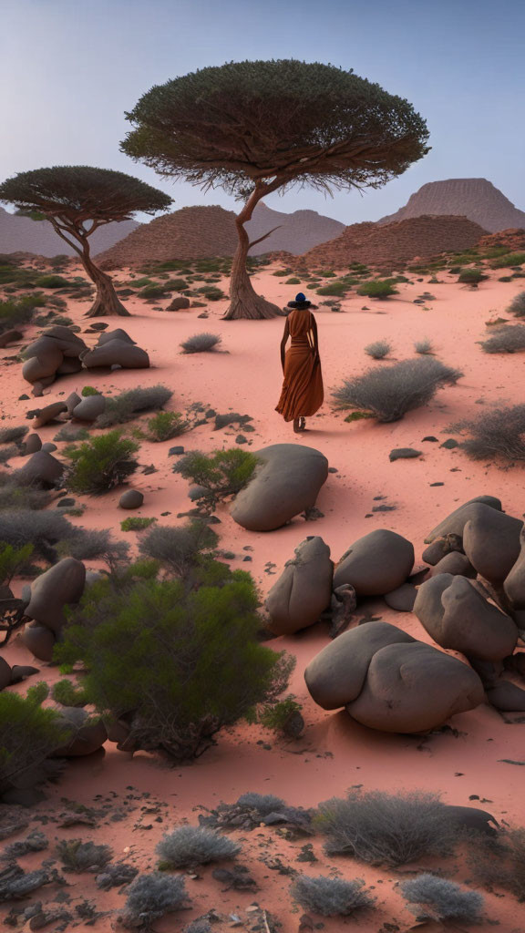 Person in Orange Robe Walking Through Unique Desert Landscape at Twilight