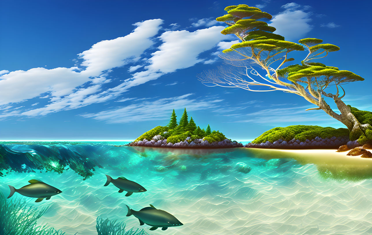 Underwater scene with fish, sandy ocean floor, islands, and blue sky